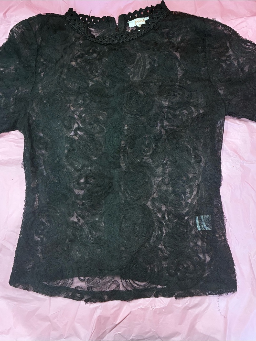 Peach Black Lace Floral Short-Sleeve Top Blouse Sheer Retro Goth Pinup Sz S
